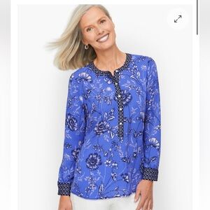 TALBOTS SZ SMALL ETCHED BOTANICAL BAND COLLAR POPOVER TOP - Excellent Condition